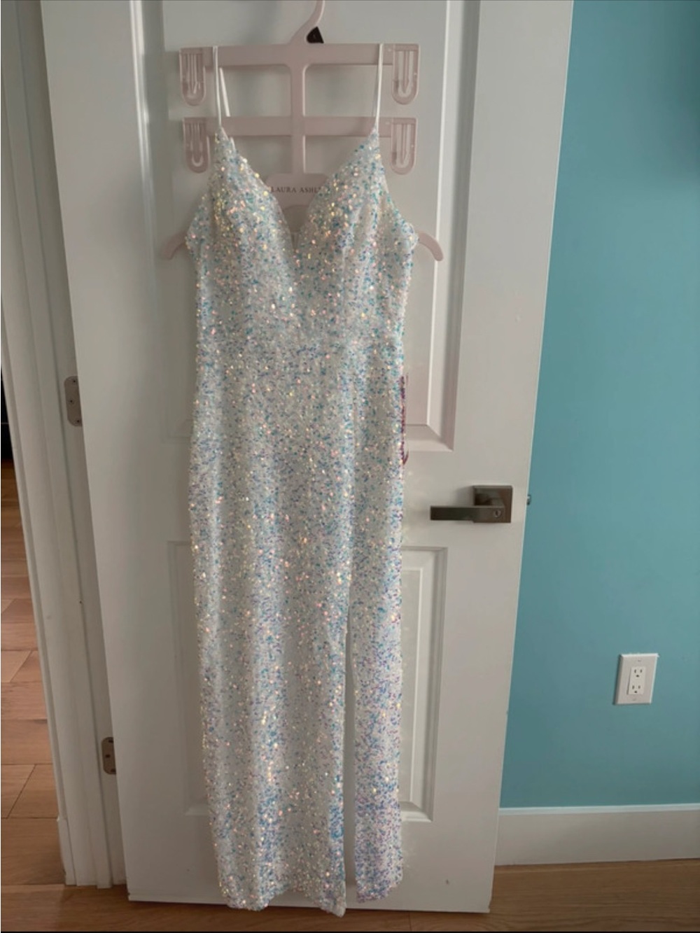 B. Smart Iridescent Sequin Strapless Evening Gown in White